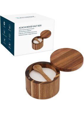 Elegant Acacia Wood Salt Cellar with Spoon & Magnetic Lid - 6oz Spice Holder